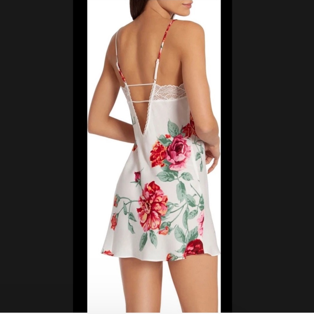New In Bloom white Lace Trim Rose botanical floral satin nightgown slip dress S